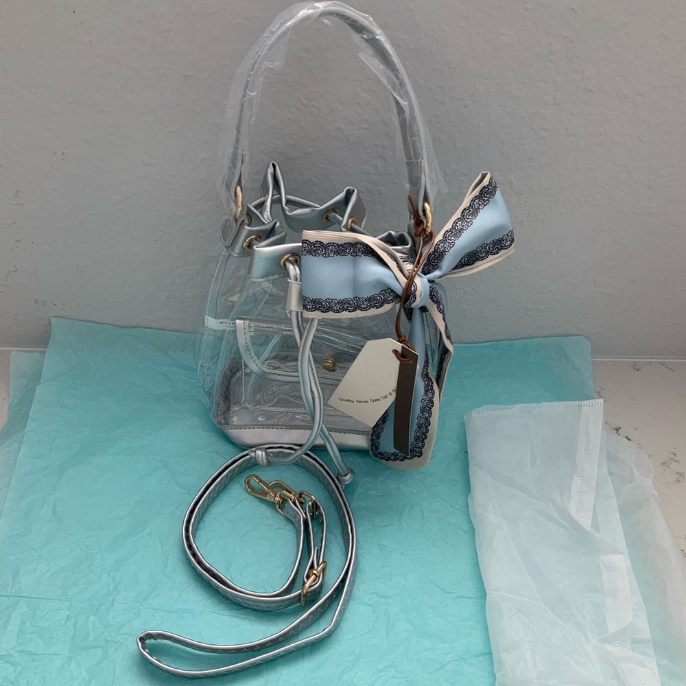 Clear crossbody bucket bag blue grey color with scarf purse see through stadium